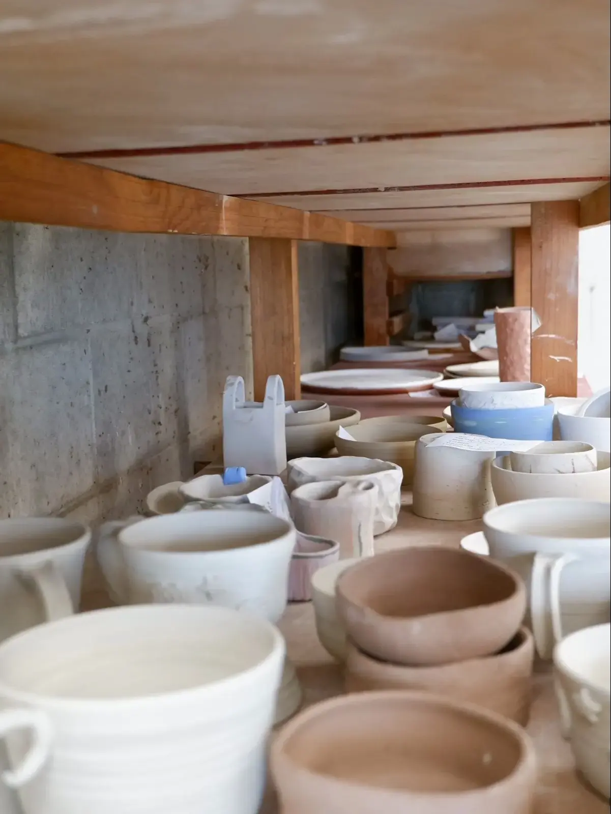 Pottery tools and work benches in the studio
